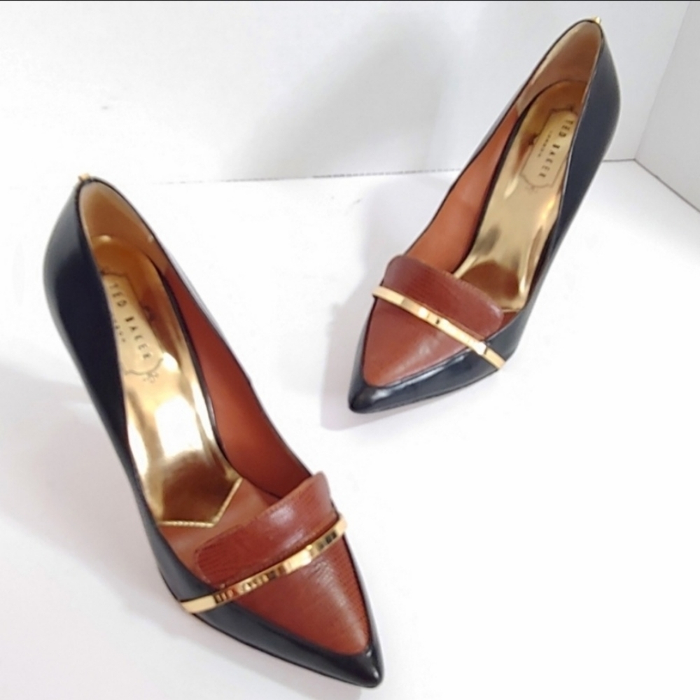 Ted Baker Two-Tone Black and Brown Pointed Toe Heels with Gold Bar - Picture 2 of 12